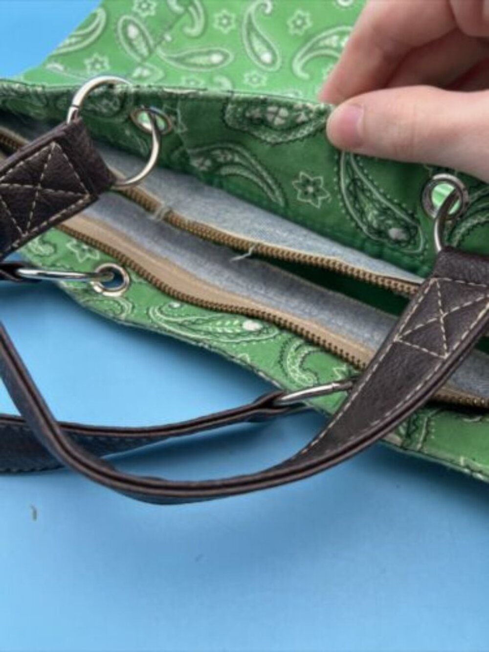 NEIMAN MARCUS GREEN PURSE Paisley Swirl Design Print Large Tote Bag W Handles - Picture 6 of 9